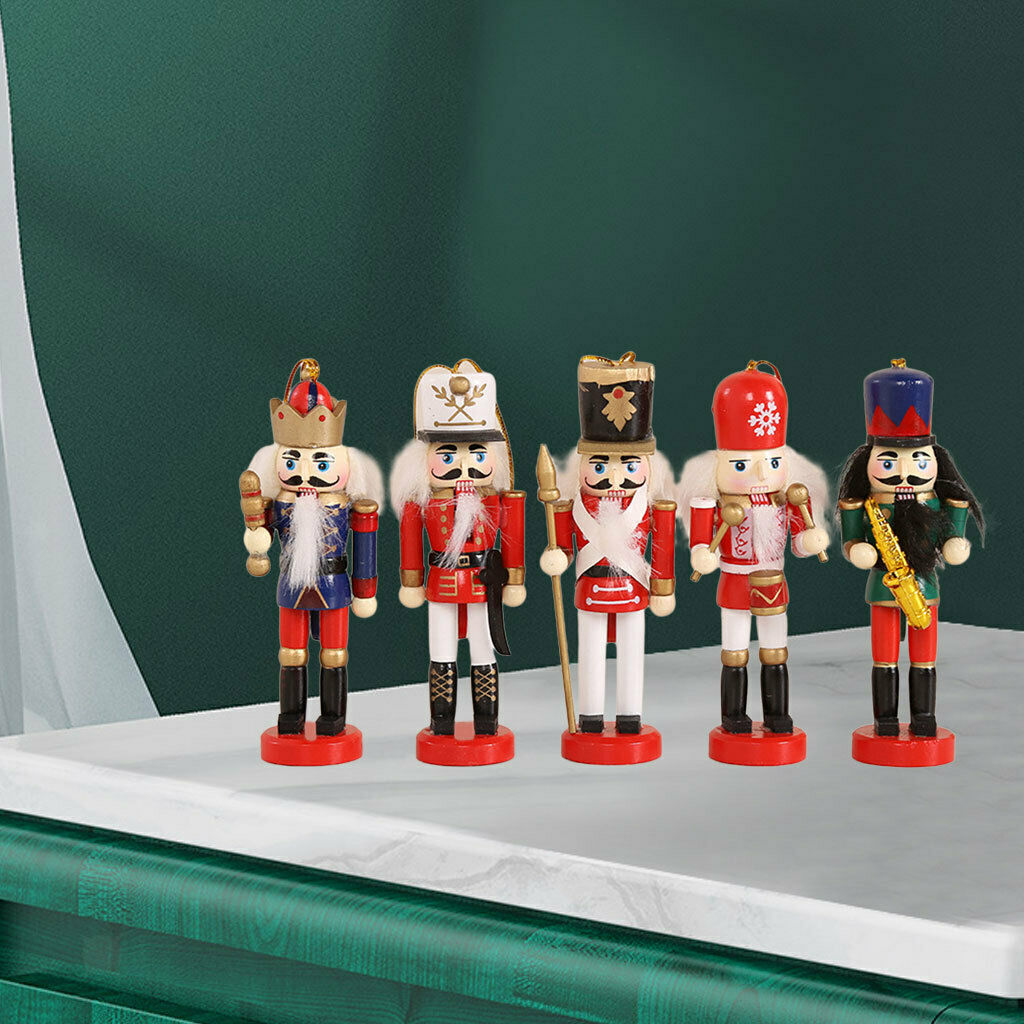 5Pcs 5inch Mini Wooden Nutcracker Soldier Ornaments Set Handmade Xmas Decor