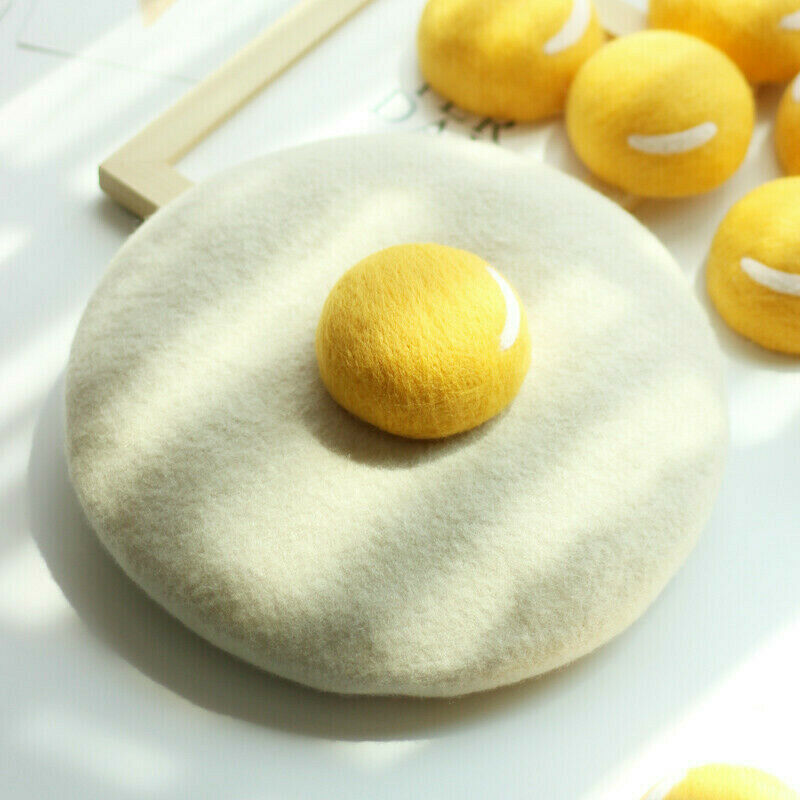 Women's Beret Cap Painter Hat Lolita Wool Blend Fried Egg Style Handmade Thermal