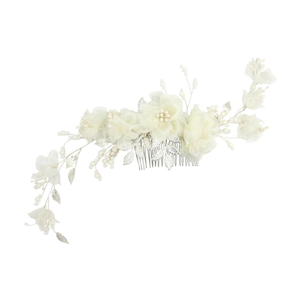 Handmade Chiffon Flowers Tiara Bride Pearls Headdress Hair Comb Headpieces