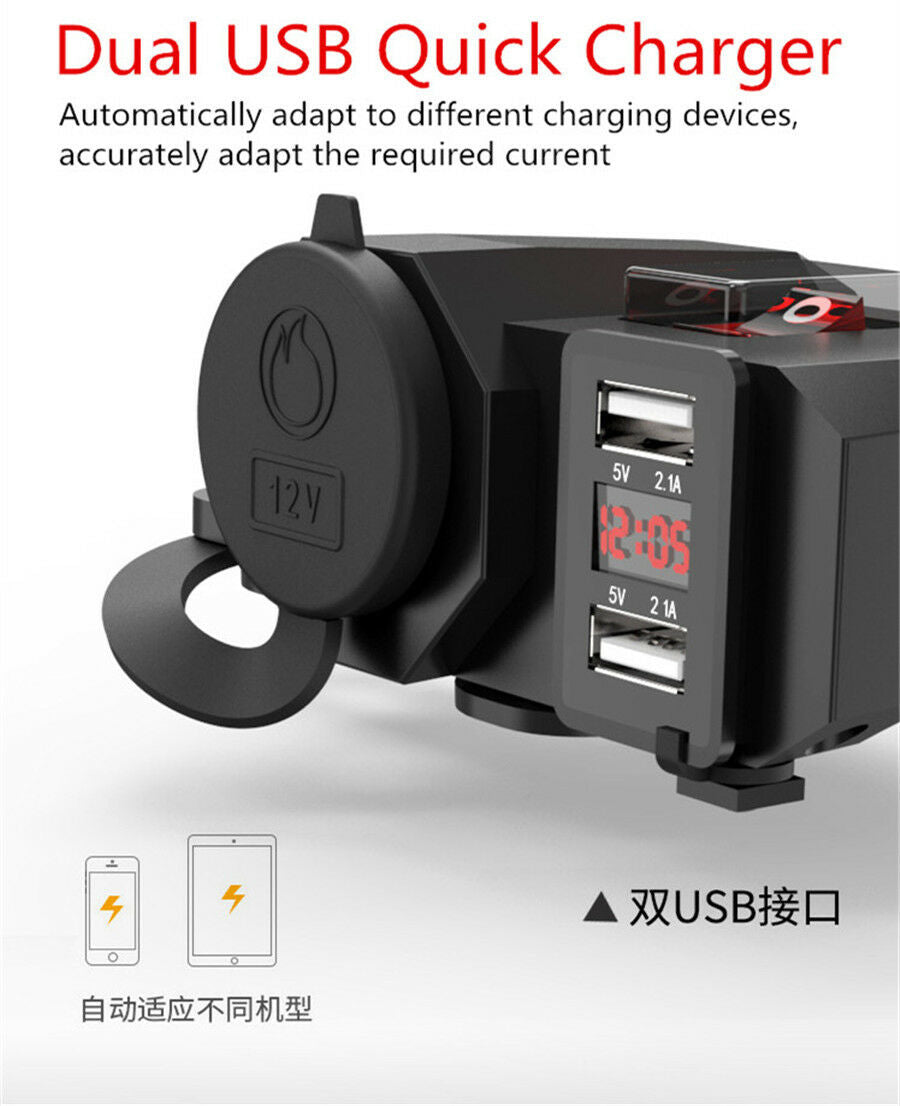 Waterproof Motorcycle Dual USB Charger Outlet Power Socket LED Digital Voltmeter