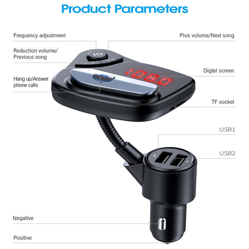 12V/24V Car SUV Charger Socket Dual USB Port Fast Charging w/ Bluetooth Earphone