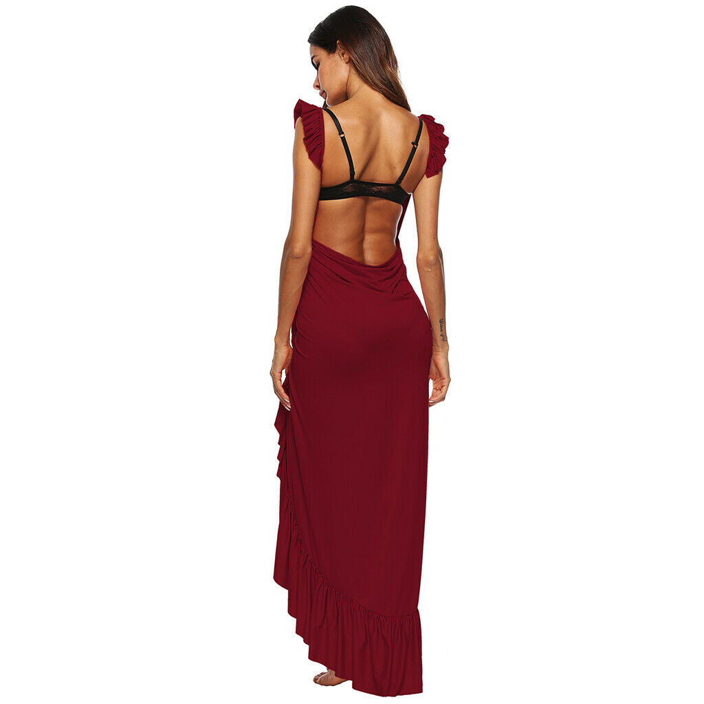 Women's Dress, Deep V Neck Backless Maxi Sundress Beach Party Swing Dress  S Red