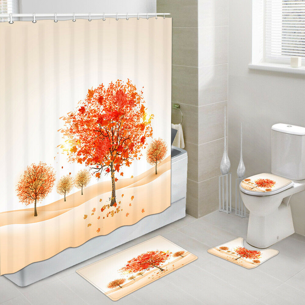 4PCS Fall Trees Leaf Shower Curtain Bathroom Set with Rugs Toilet Lid Seat Cover