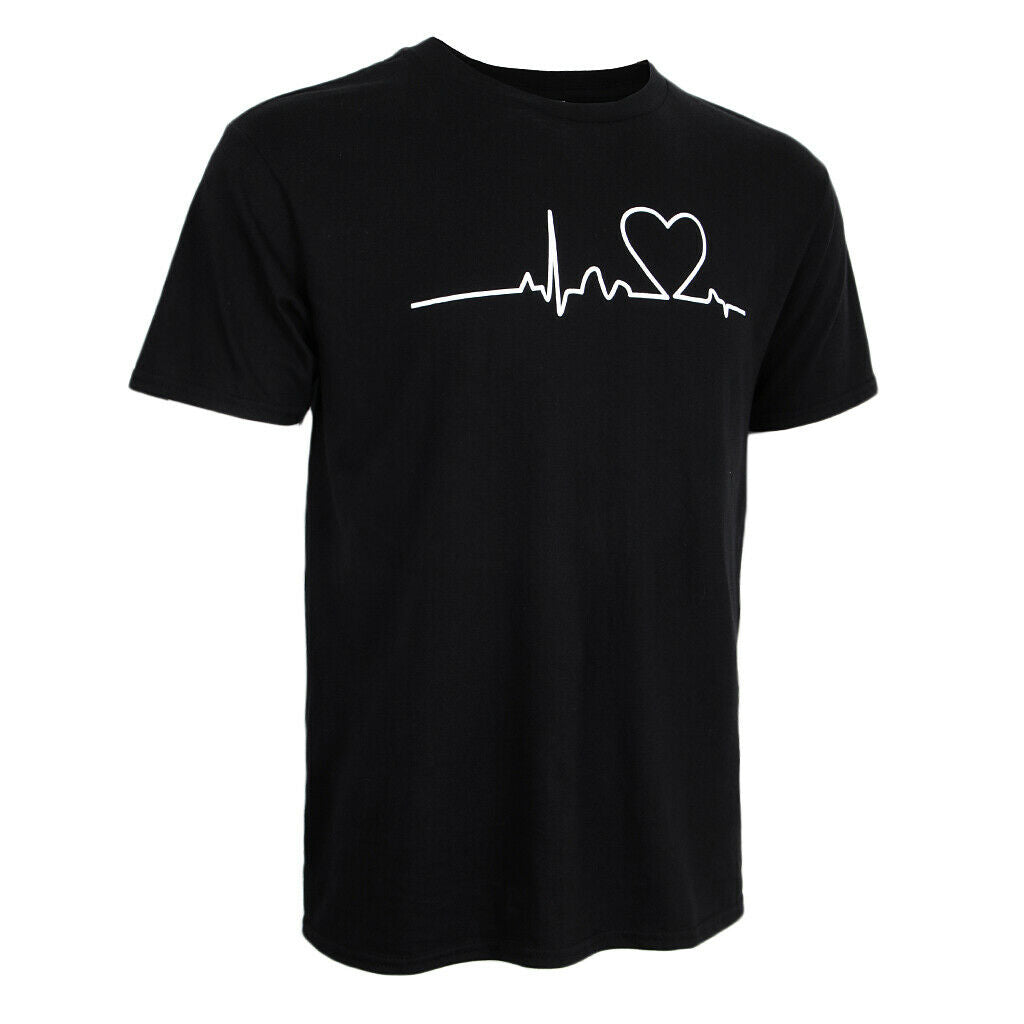 Men's Summer Casual Beating Heart Print O Neck Short Sleeve T-Shirt  S Black