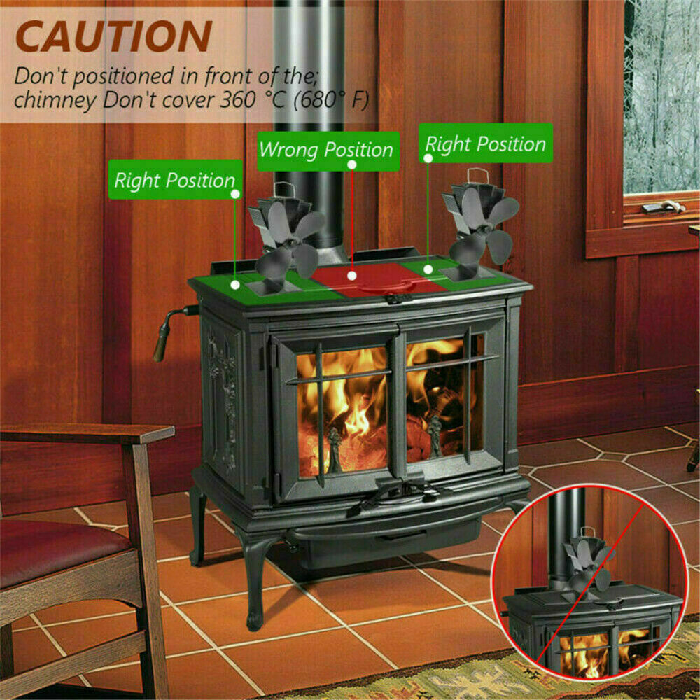 4 Blades Wood Stove Fan Heat Powered Eco Fireplace Fan Log Burner Fuel Saving_US