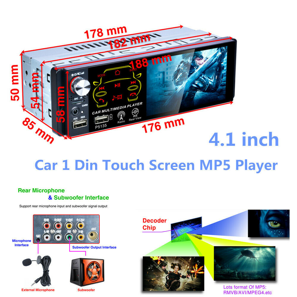 Car 4.1" 1 Din Touch Screen MP5 Player Steering Wheel Control Set MP3 USB Unit