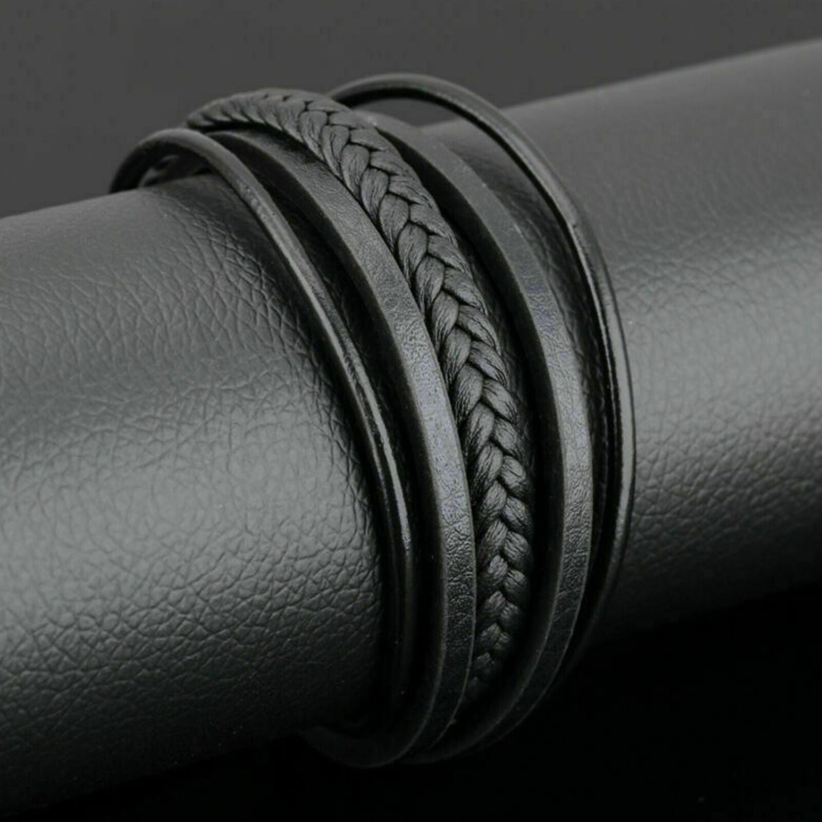 Men's Women's Wheat Leather Bracelet Polish Stainless Steel Buckle Bangle Cuff