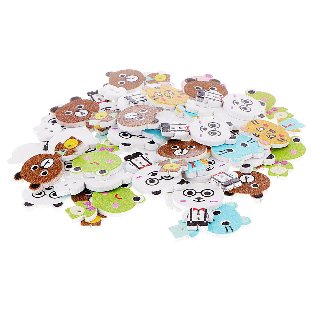 50pcs Lovely Cartoon Animal Wood Sewing Buttons 2 Holes for Scrapbook Crafts