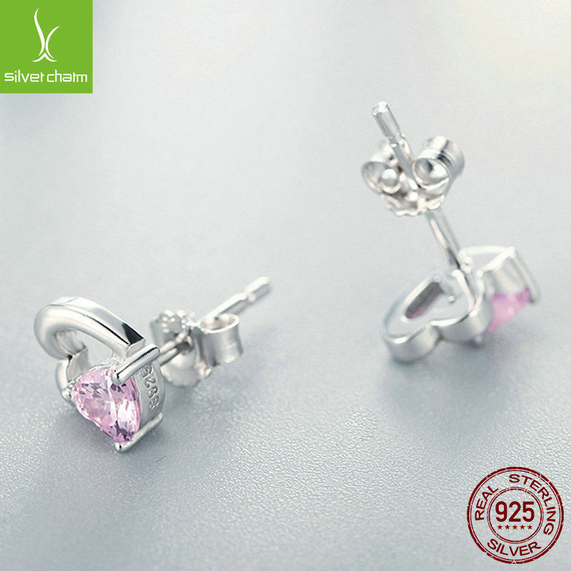 Double Love Heart to Heart Pink CZ Stud Earrings for Women 925 sterling Jewelry