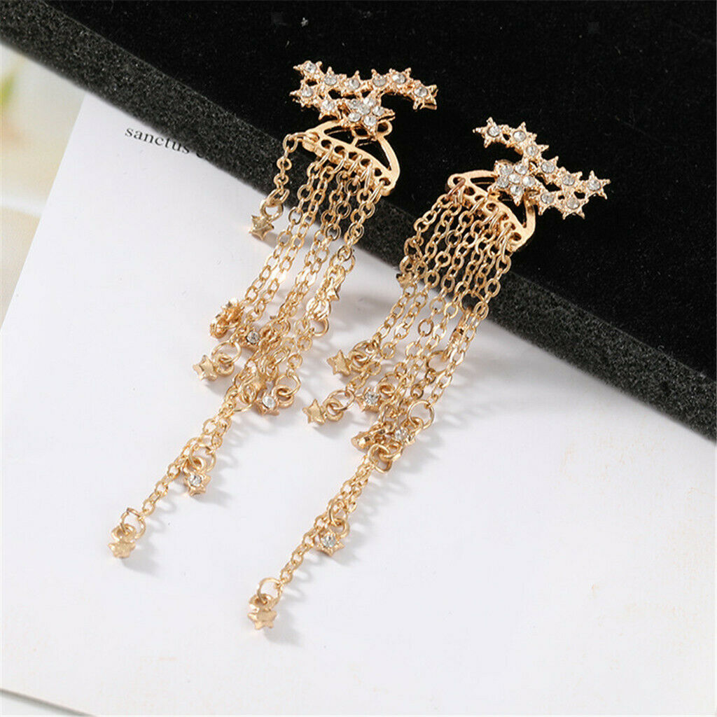 Minimalism Sparkle Star Long Tassels Drop Dangle Earrings Stud Golden