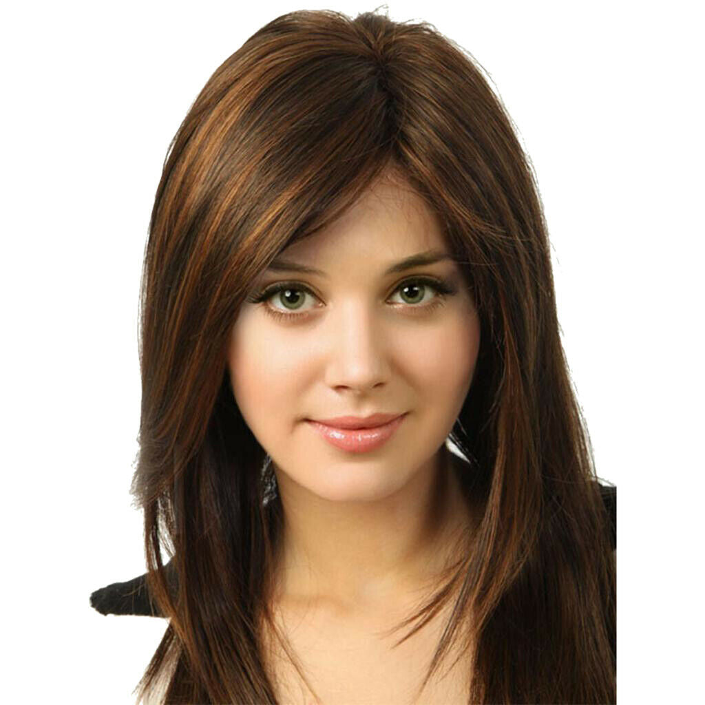 20" Women Long Straight Partial Bangs Wig Synthetic Hair Wig for Party Brown