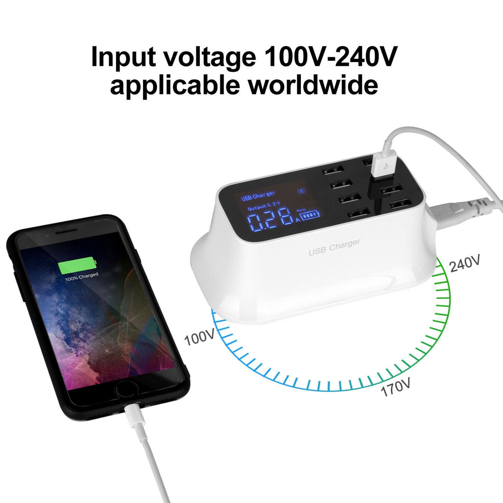 8 Multi-Port USB Adapter Desktop Wall Charger Smart LCD Display Charging Station
