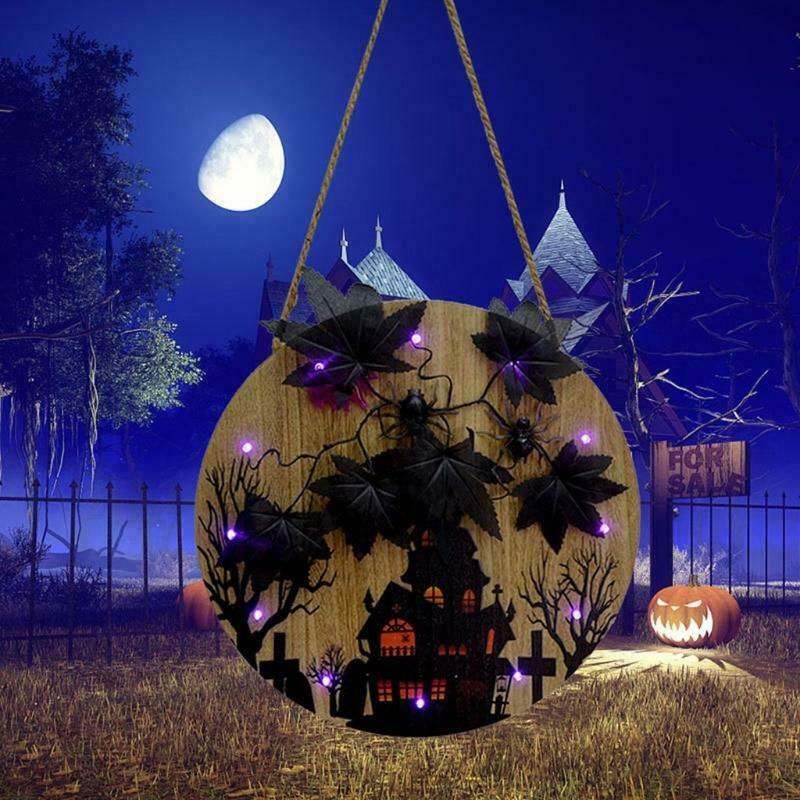 Halloween Maple Leaf Haunted House Glowing Front Door Hanger Decor Entryway Wall