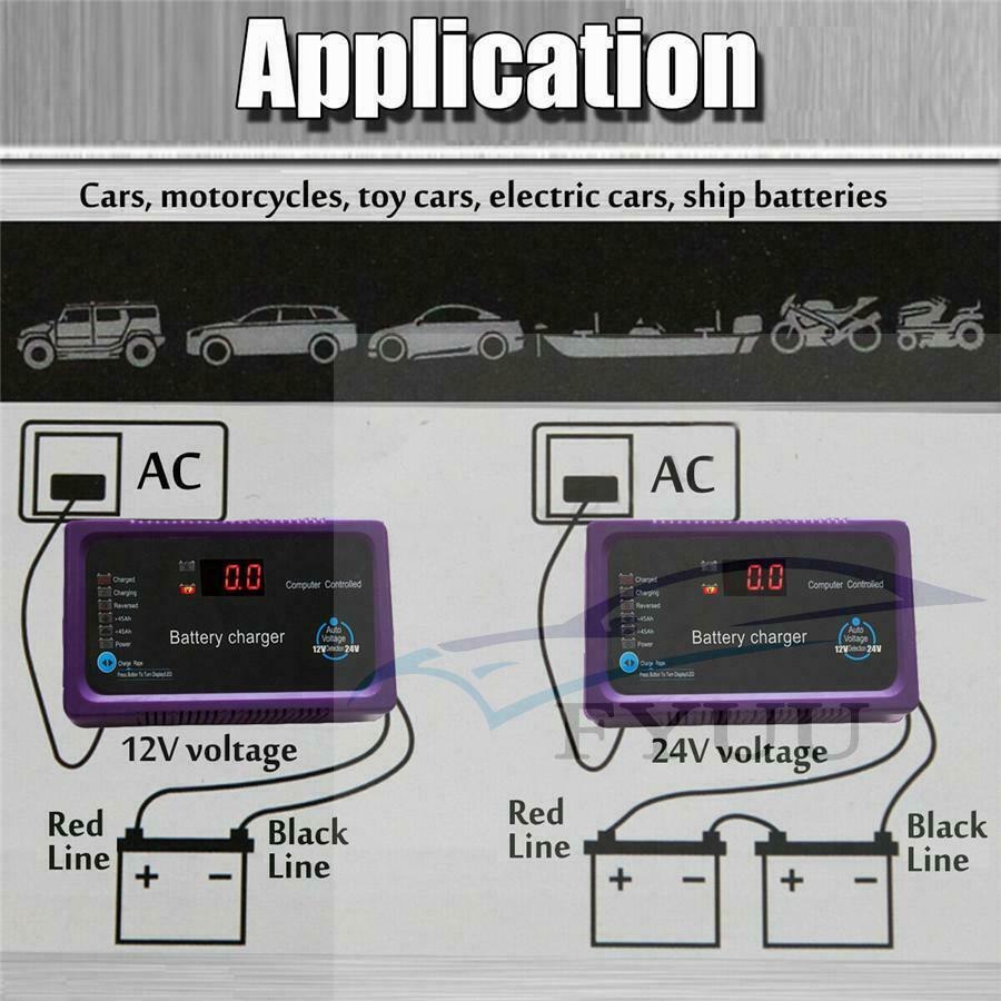 New 12V/24V 200AH Electric Car Intelligent Pulse Repair Battery Charger EU Plug