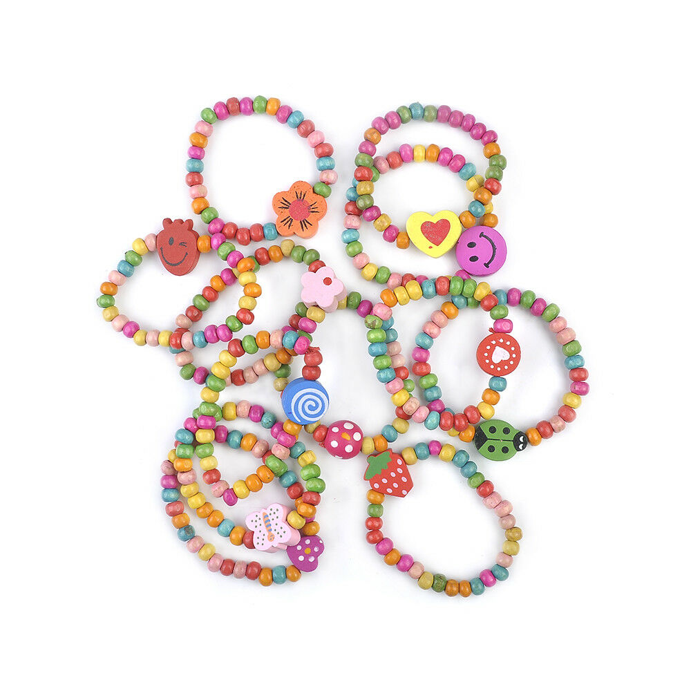 12 x Lovely Kids Children Wood Elastic Bead-Bracelets Birthday Party Jewelry