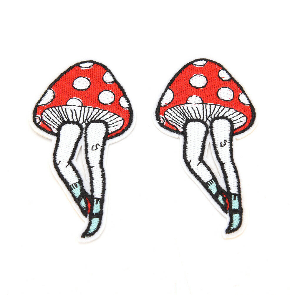 2pcs cartoon leg mushroom patch human leg boho hippie iron on applique bad.l8