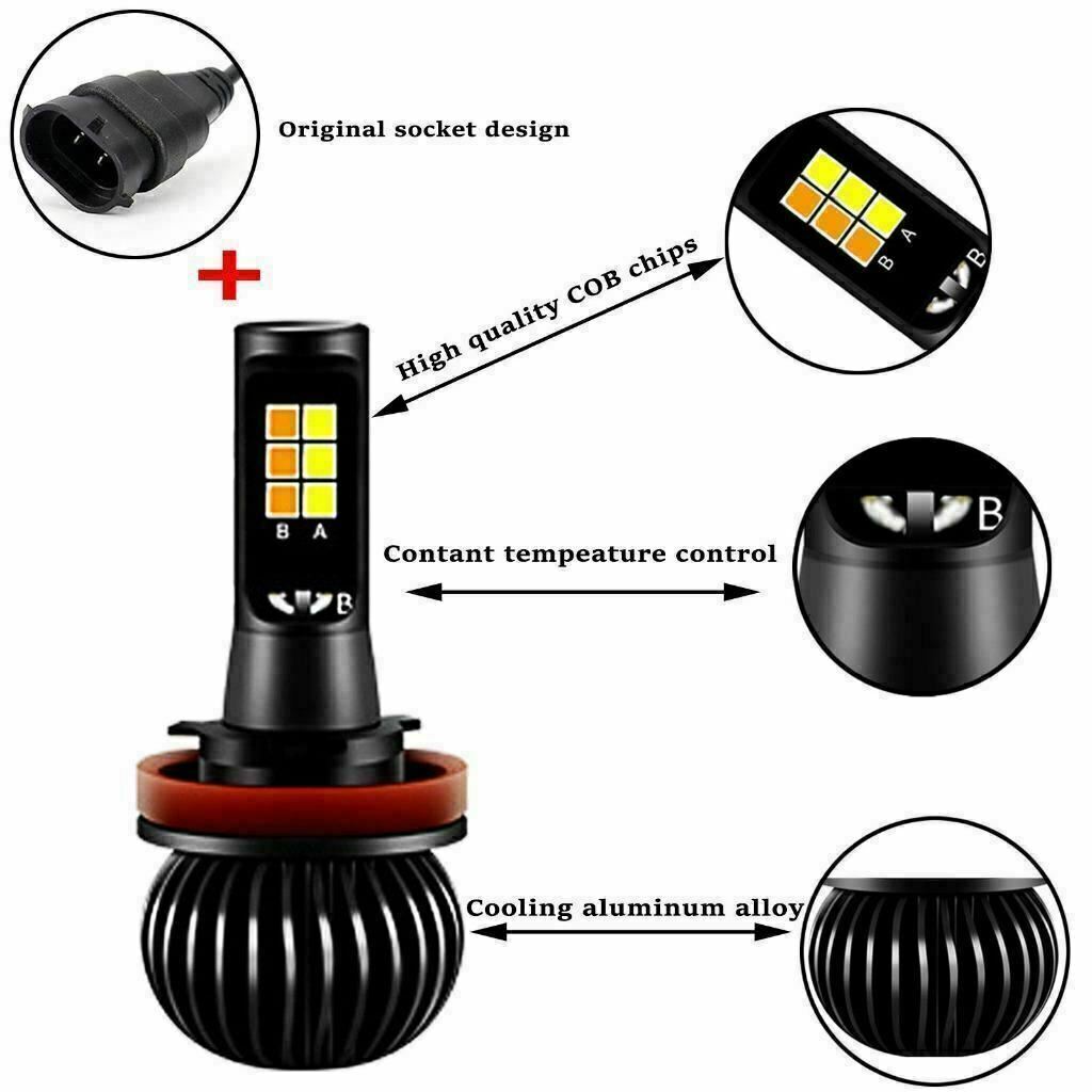 2X H8 H11 Dual Color Switchback White Amber LED COB Fog Light Bulbs 160W 2600LM
