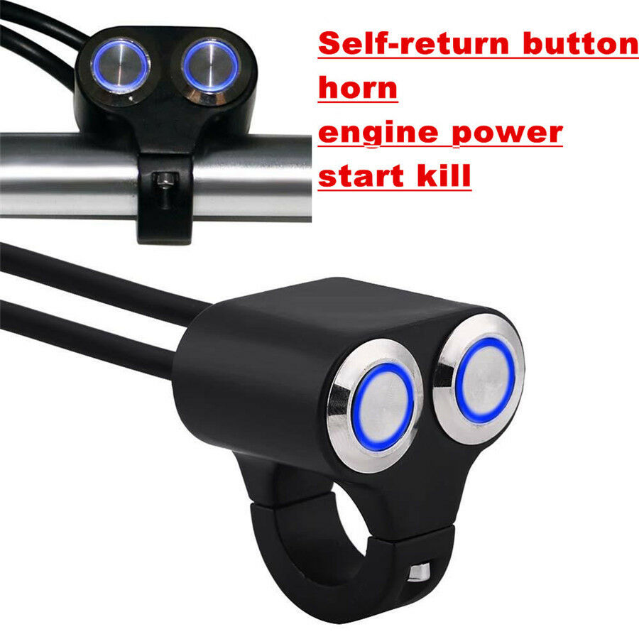 Dual Button Blue LED 7/8" Motorcycle ATV Handlebar Engine Horn Start Kill Switch
