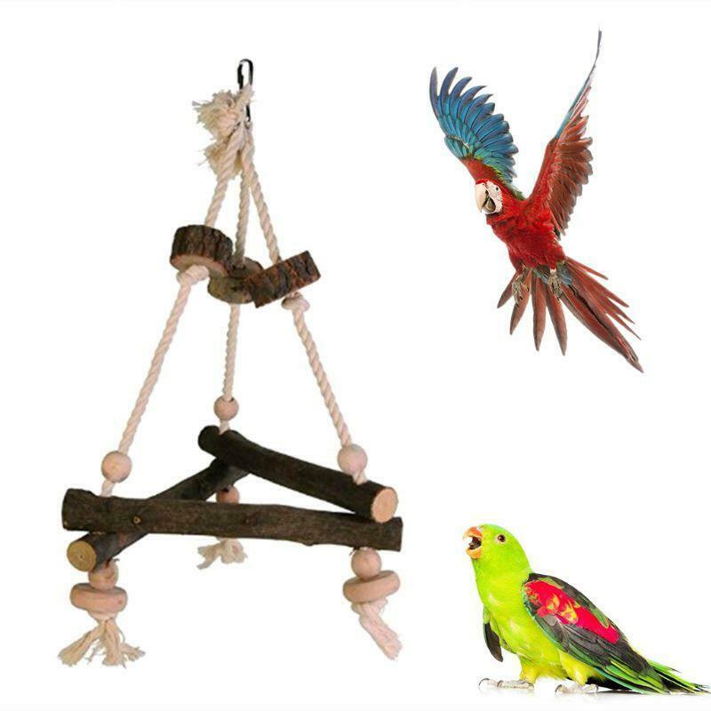 Natural Wooden Triangular Bird Swing Parakeet Bird Rope Stand Perch Chewing Toys