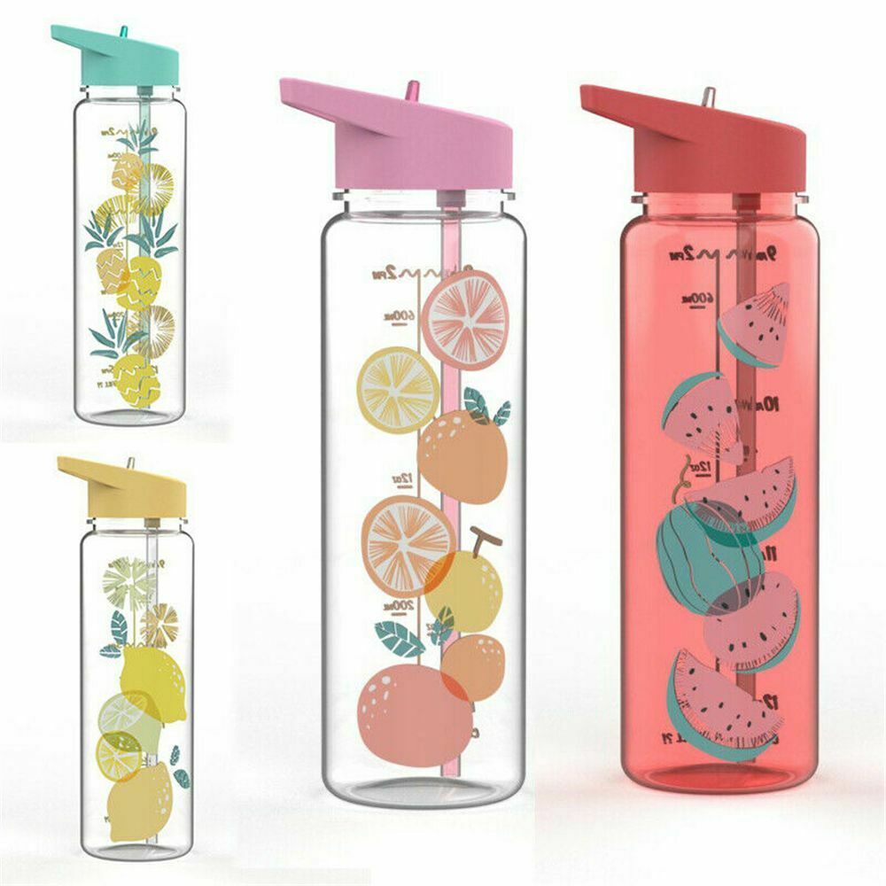 Gym BPA Free Leakproof Plastic Straw Fruit Pattern Sports Water Bottle Cup
