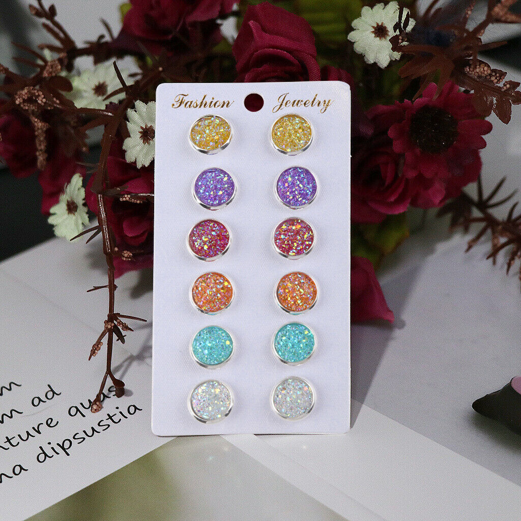 6 Pairs  Stainless Steel Shiny Crystal Austrian Round Stud Earrings Set Jewelry