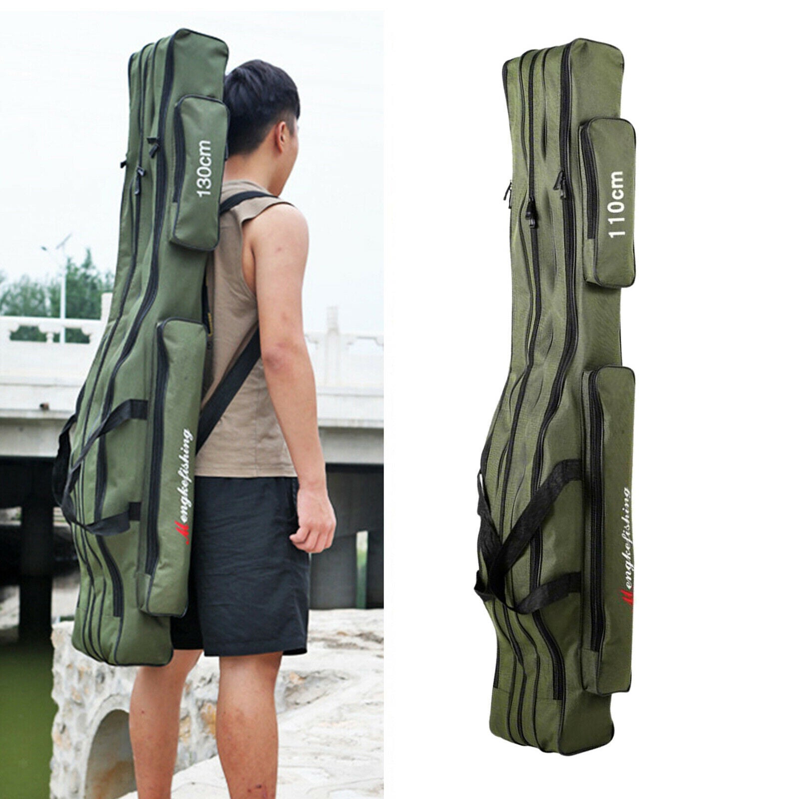 Fishing Rod Bag Carrier Pole Storage Case Tackle Reel 3 Layers 150cm Green