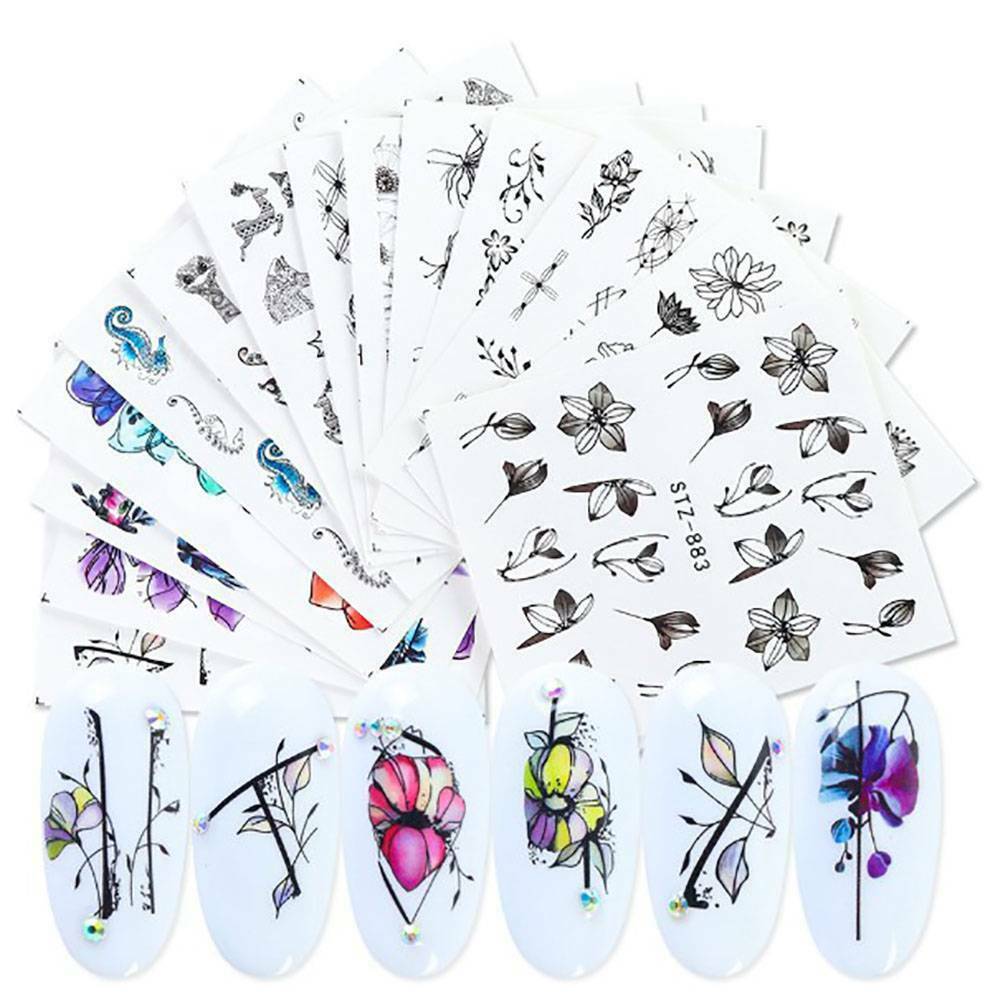 14Pcs Flower Nail Stickers Water Transfer Decals Manicure Nail Art Decor new us~
