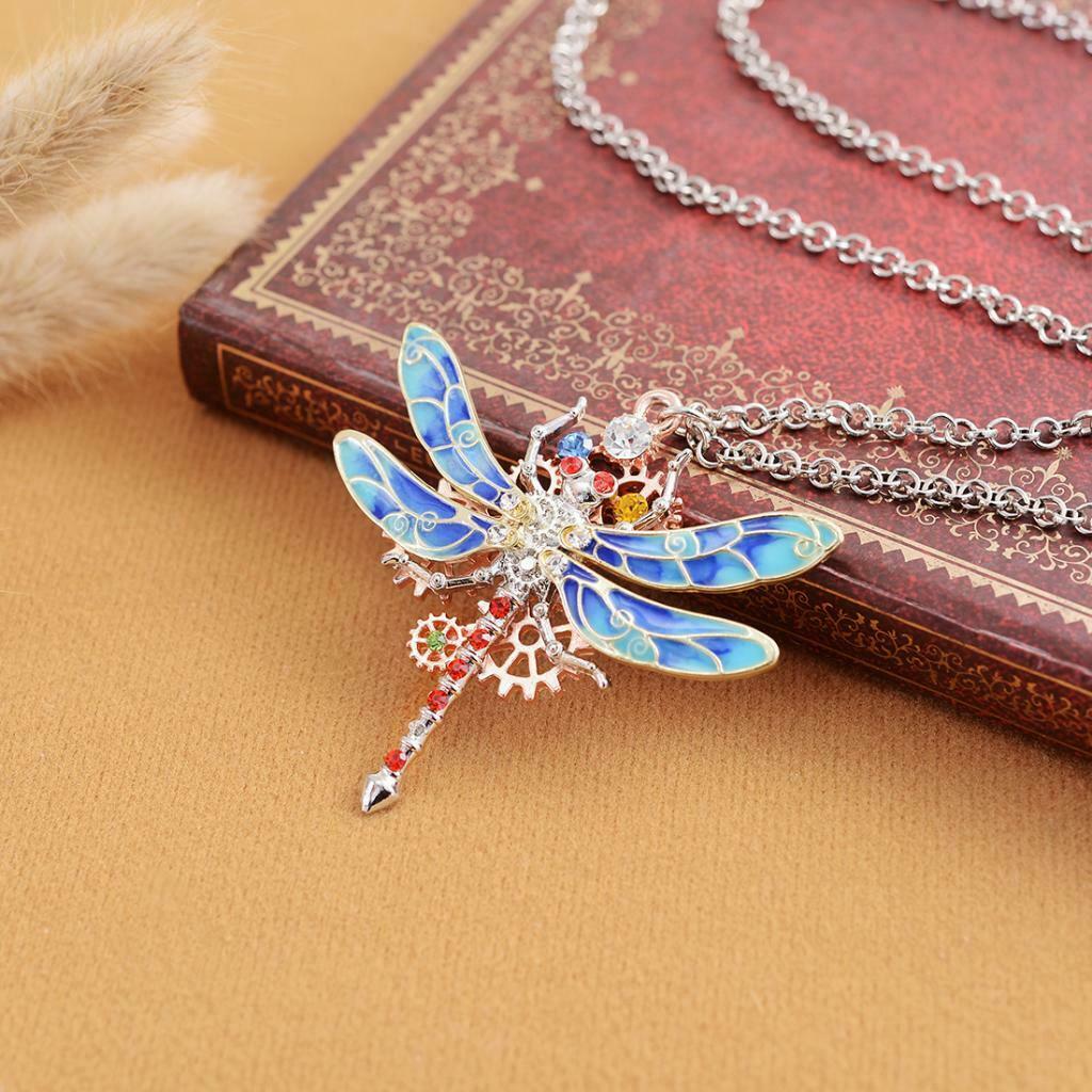 Steampunk Crystal Dragonfly Shaped Gear Pendant Women Gothic Necklace  Red