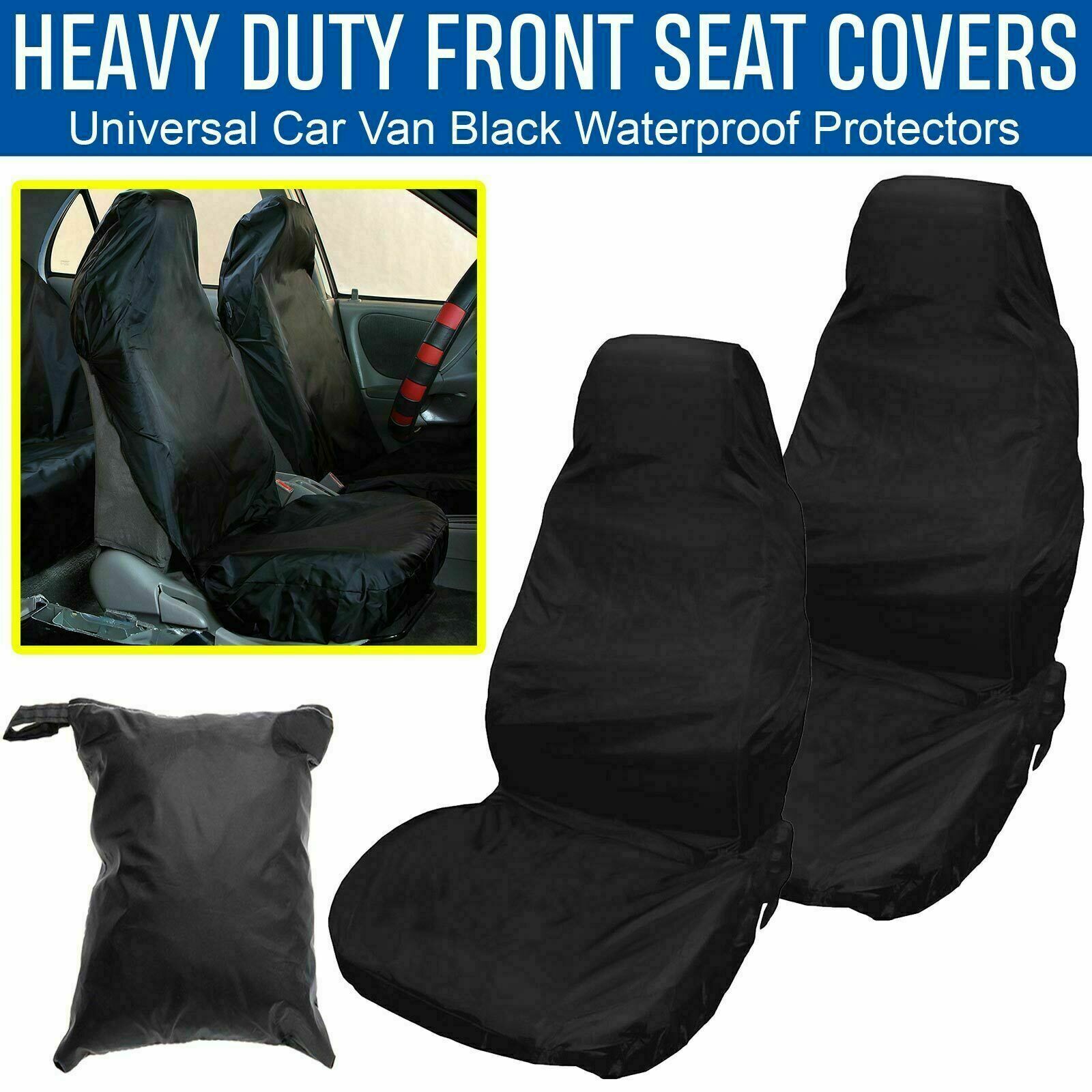 2X Universal Front Car/Van Seat Covers Protectors Black Waterproof Heavy Duty US