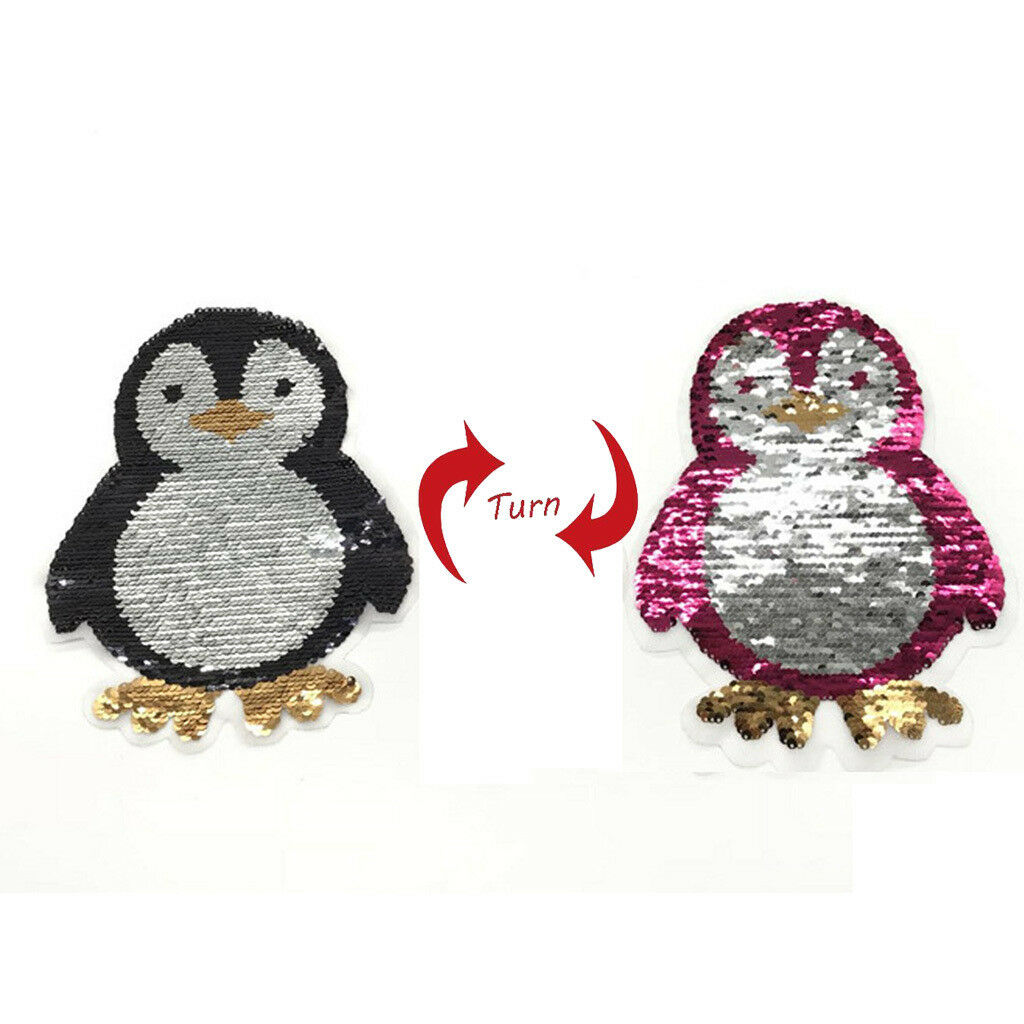 Lovely Cartoon Penguin Sequins Patch Applique Sew On Reversible Embroidered