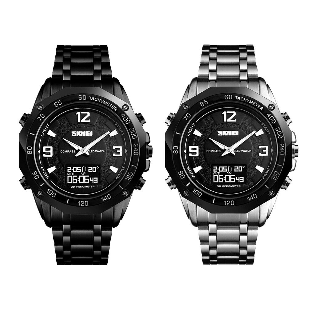 Men Steel Analog Digital Watch Led Sport Military Wristwatch Black