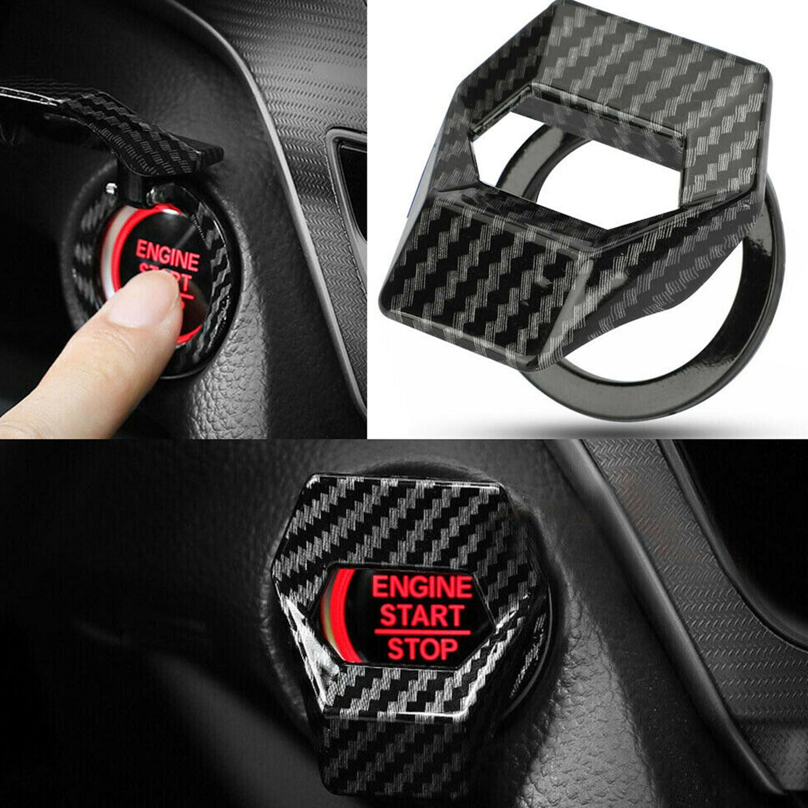 Universal Carbon Look Car Engine Start Stop Push Button Switch Cover Trim New