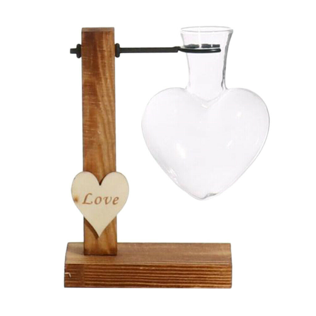 Modern Love Heart Shape Tabletop Glass Hydroponic Flower Vase w/Wooden Stand