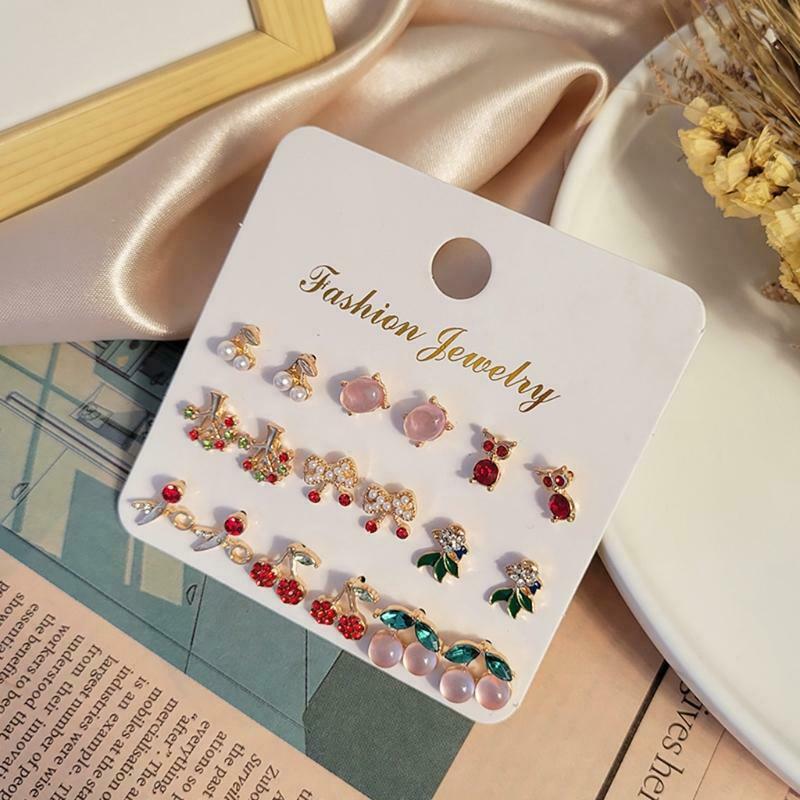 Cute Earrings Stud Alloy 18 Pcs/9 Pairs Assorted Style Scissor Cherry Shaped Ins
