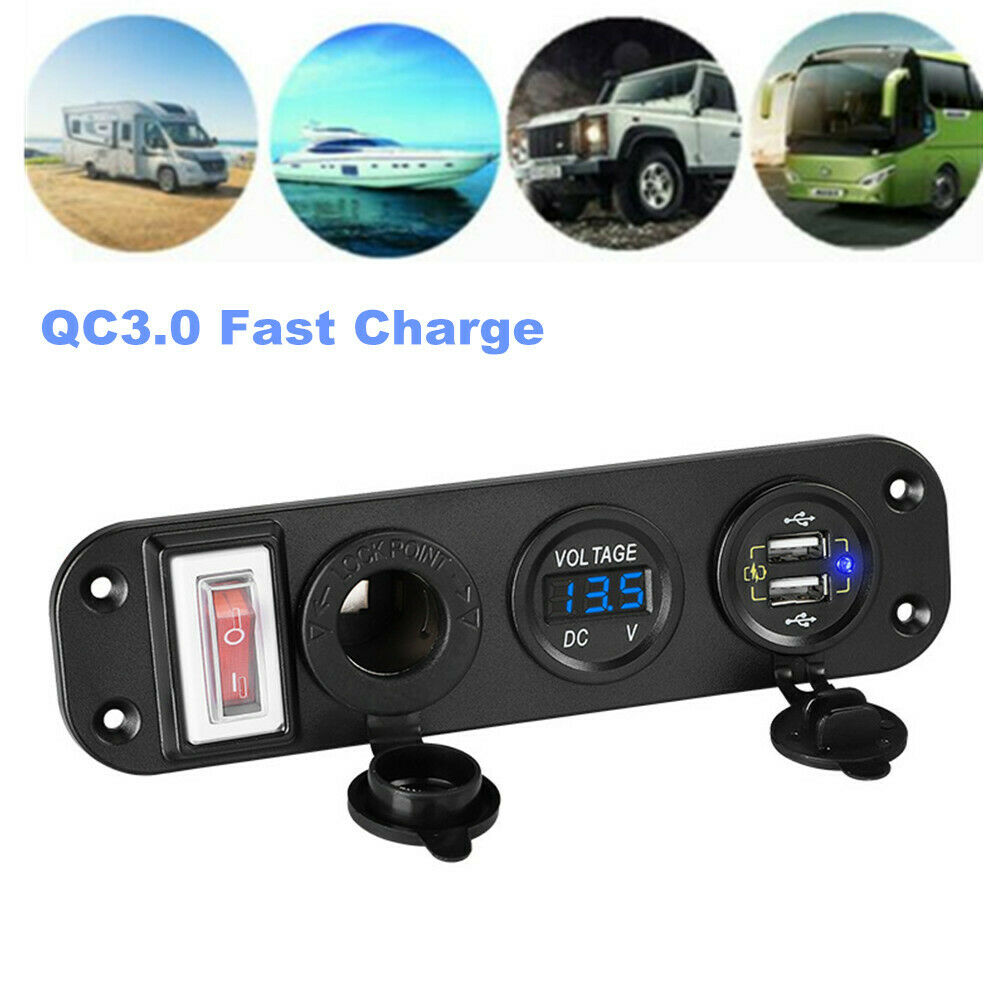 QC3.0 Auto Car Dual USB Fast Charge Cigarette Lighter Switch Panel w/ Voltmeter