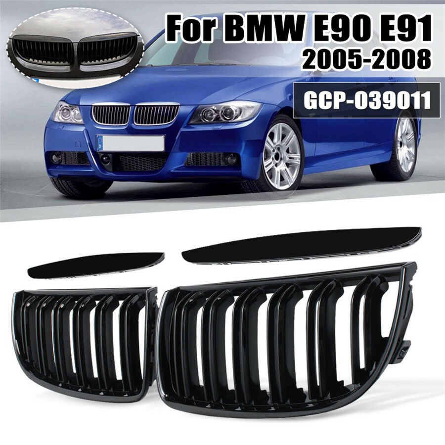 1 Pair Front Gloss Black 2 Line Double Slat Kidney Grille Grill For BMW E90 E91