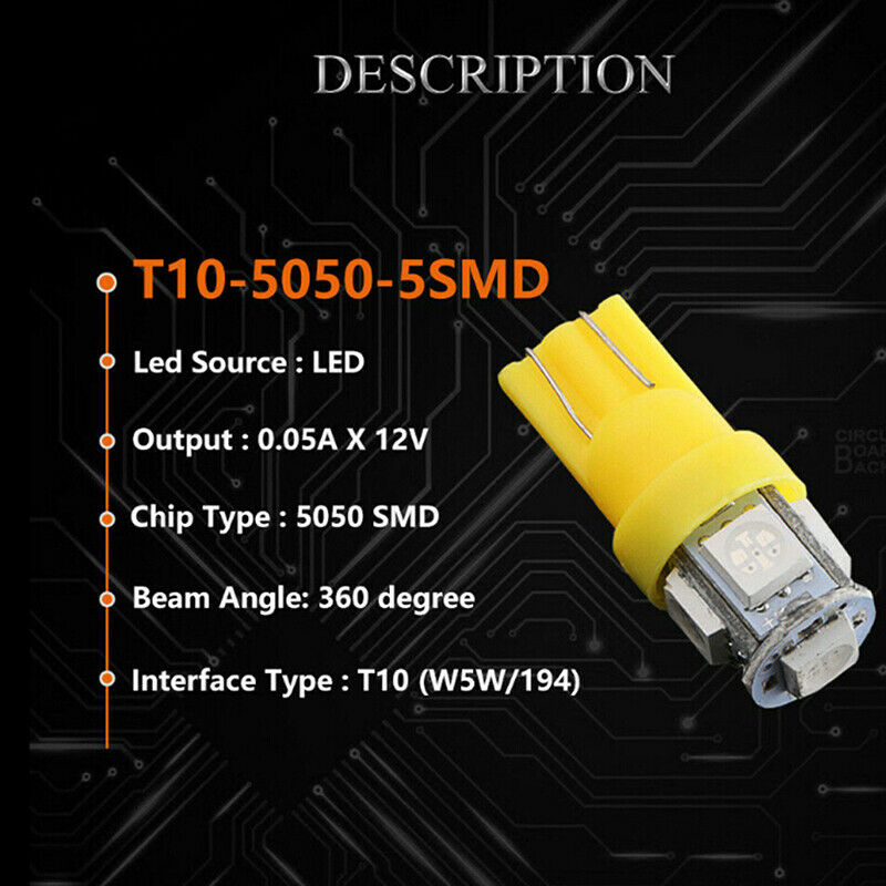 10Pcs Yellow T10 Wedge 5-SMD 5050 5W5 LED License Plate Bulbs Clearance Lam Tt