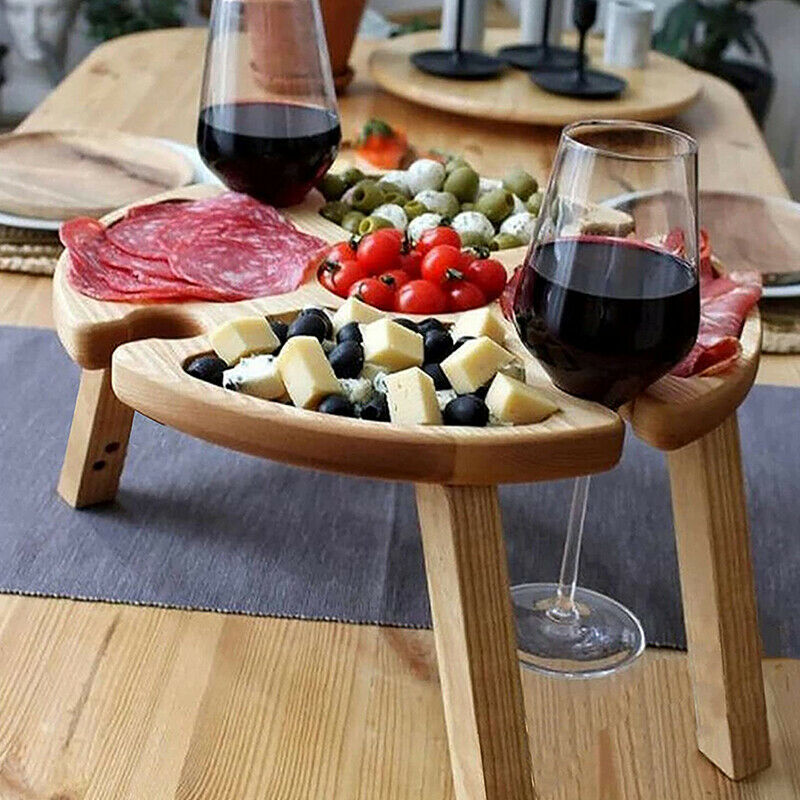 Wooden Outdoor Folding Picnic Table Round Table Wine Glass Holder Garden Pa FT