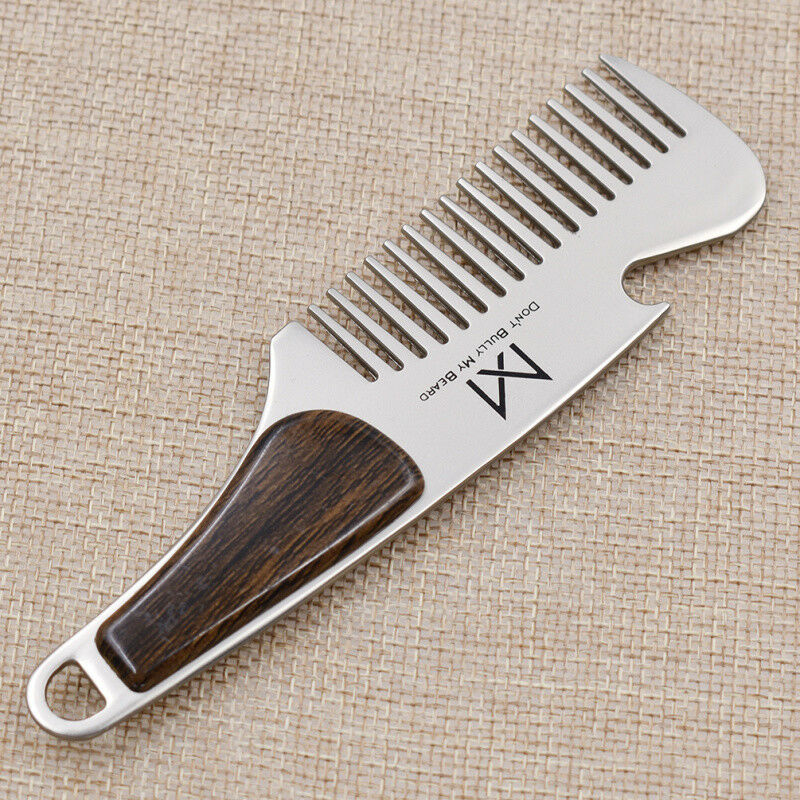 Portable Stainless Steel Wood Grain Beard Shaving Pocket Comb Mustache Brush