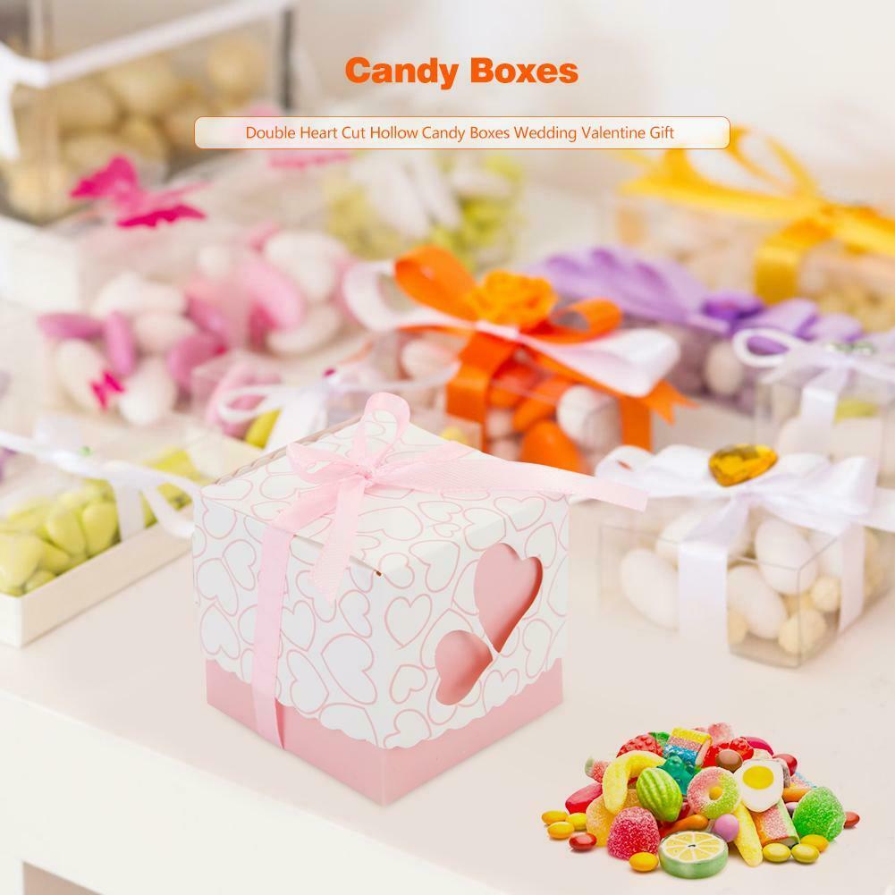 10pcs Double Heart Cut Hollow Candy Boxes Wedding Valentine Gift (Pink) @