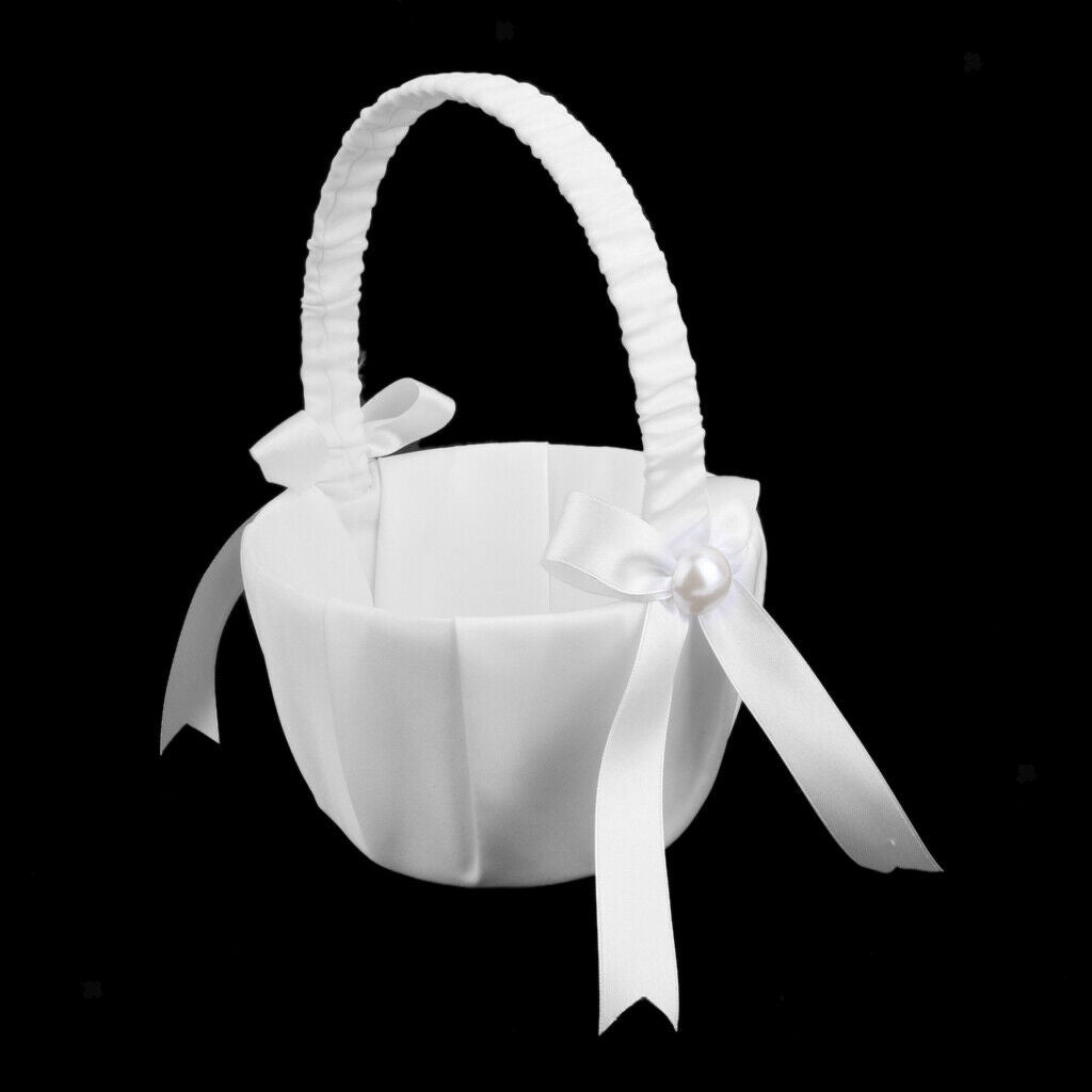 White   Flower Girl Basket for Wedding Decoration, Handle with Silk Ribbon