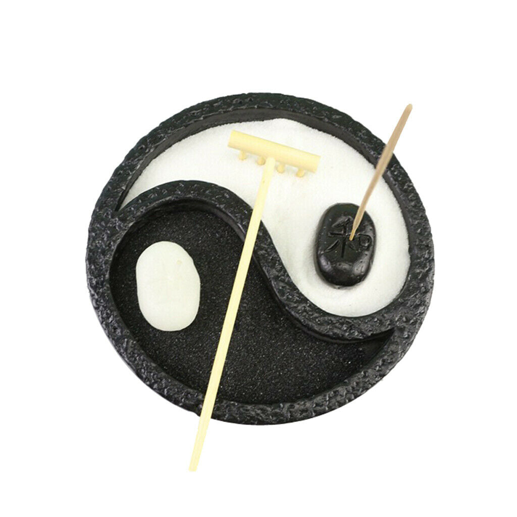 15cm Round Mini Yin Zen Garden w/Rake Desktop Meditating Sandbox Decor Black