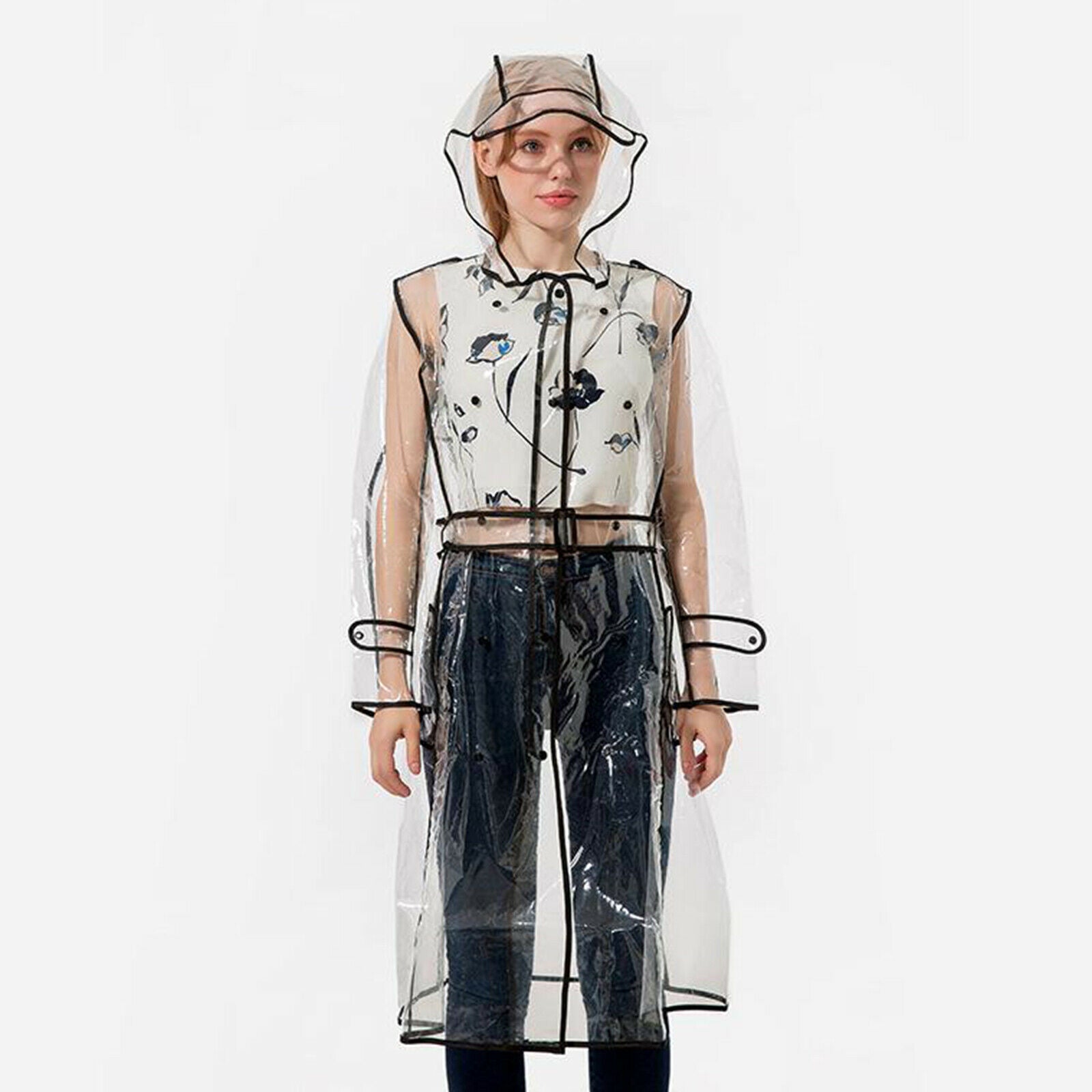 Lightweight Clear Women Raincoat Jacket Rain Poncho Wind Coat with Belts Hood