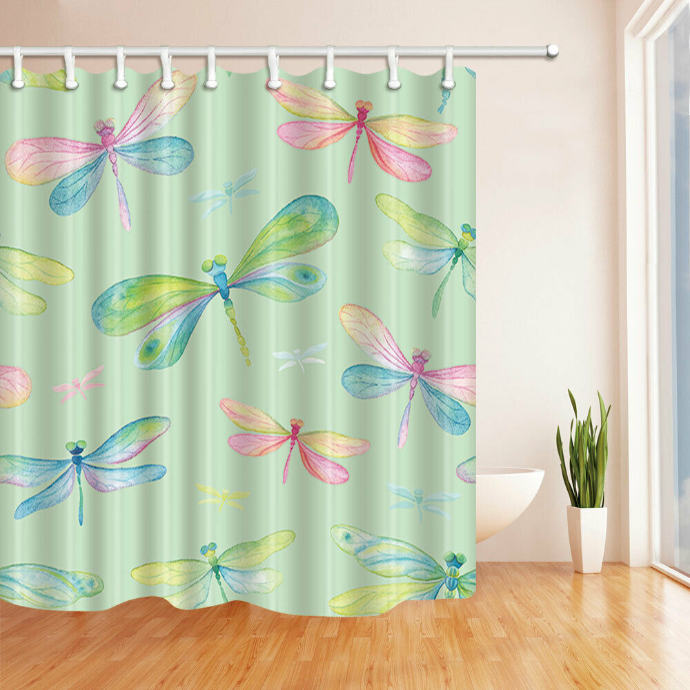 Colored Dragonfly Fabric Bathroom Shower Curtains & Hooks 71Inch