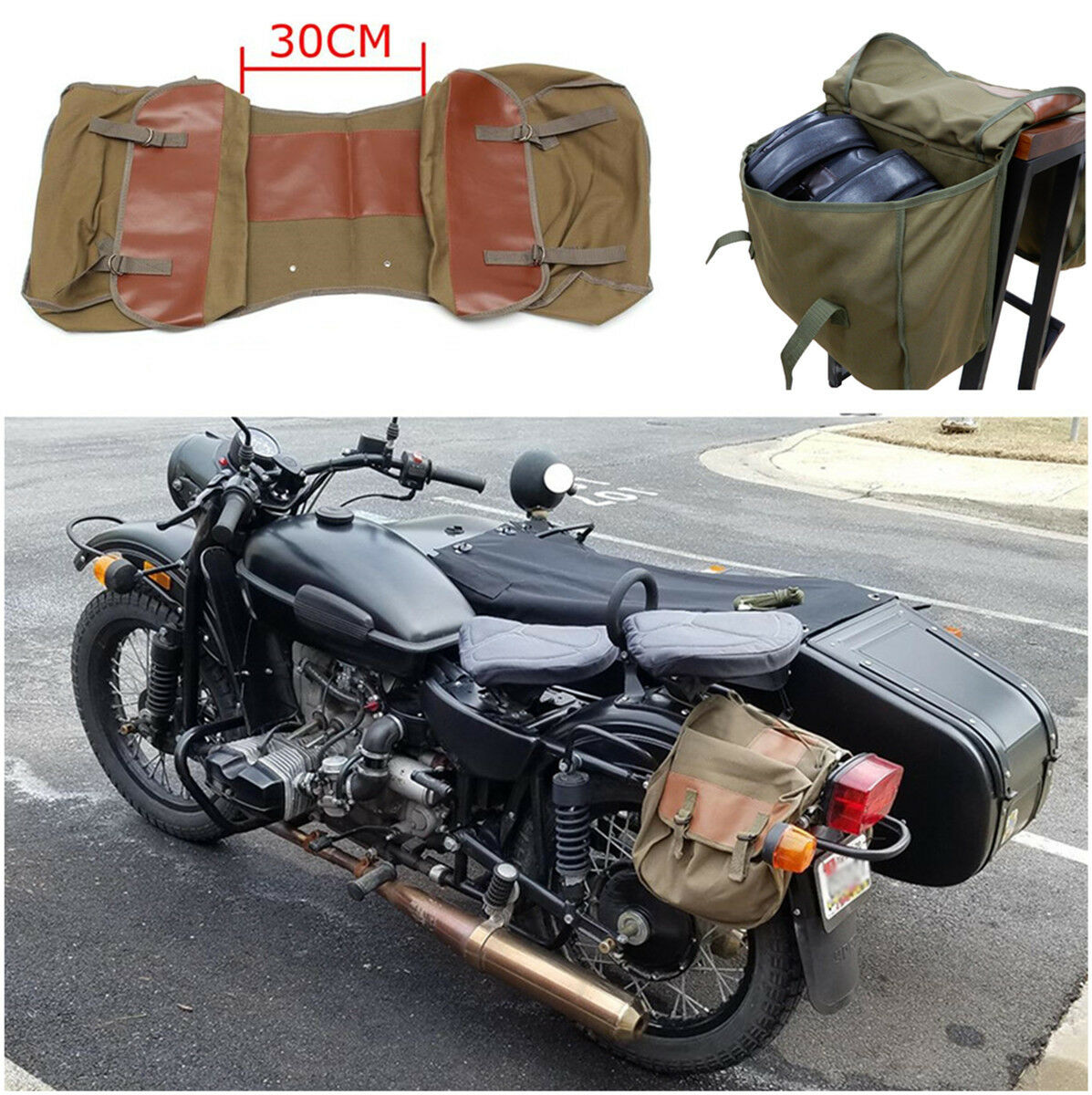 Light Motorcycle Saddle Bag Travel Essential Brown PU Leather+Army Green Canvas