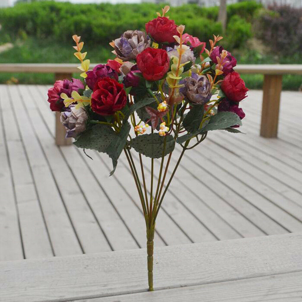 21-Head Silk Flower Artificial Rose Wedding Floral Bouquet Decor Dark Red