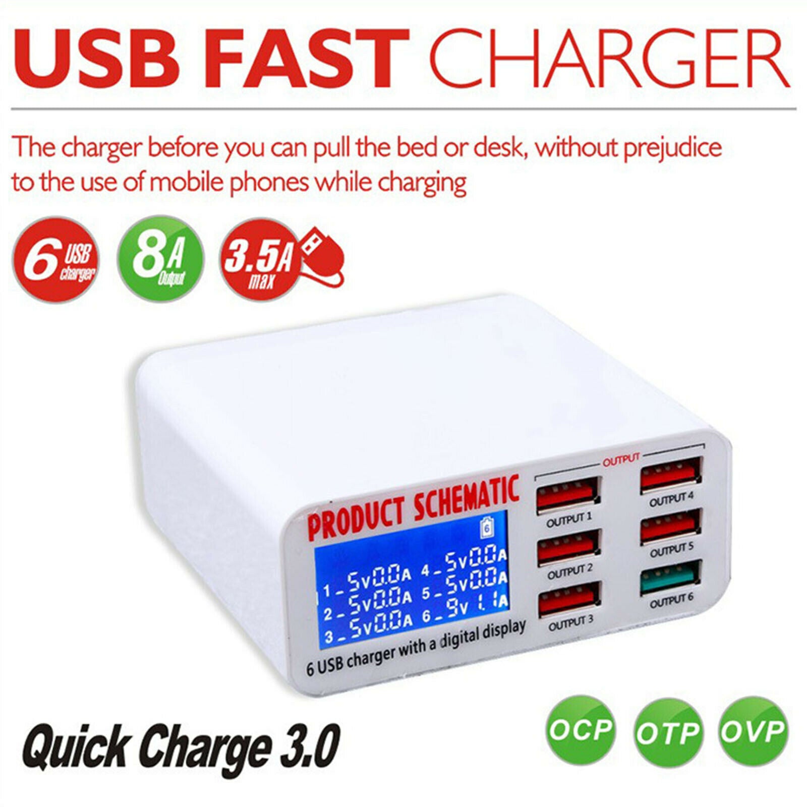 6-Port USB Charger 40W Phone Charger QC3.0 Fast Charger LED Display UK-Plug
