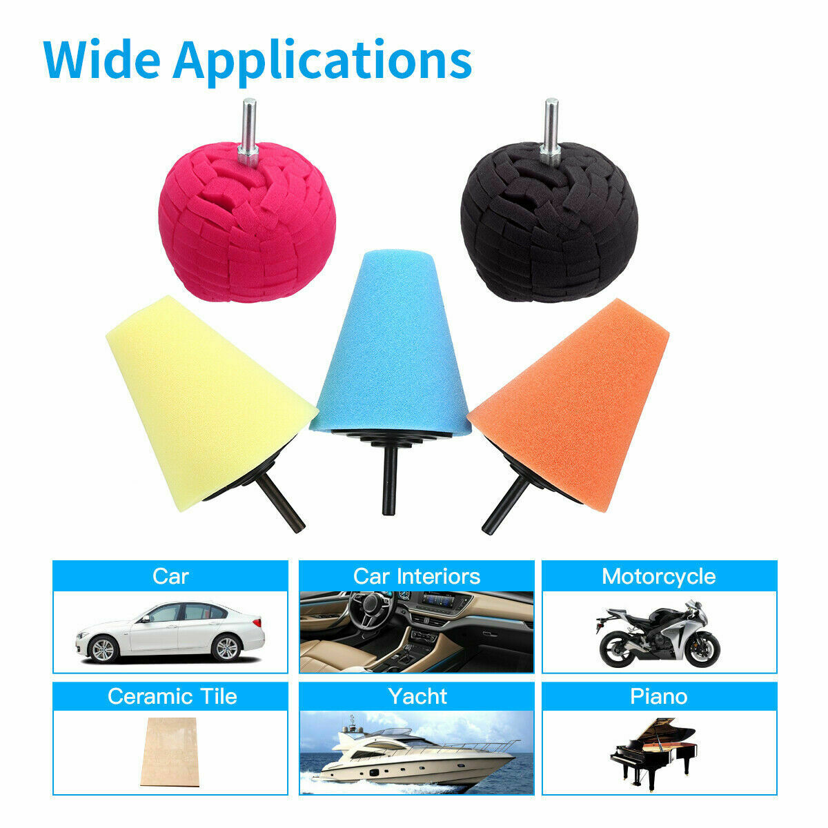 5PCS Car Wheel Hub Buffing Shank Polishing Sponge Ball Cone Metal Foam Pad Tools