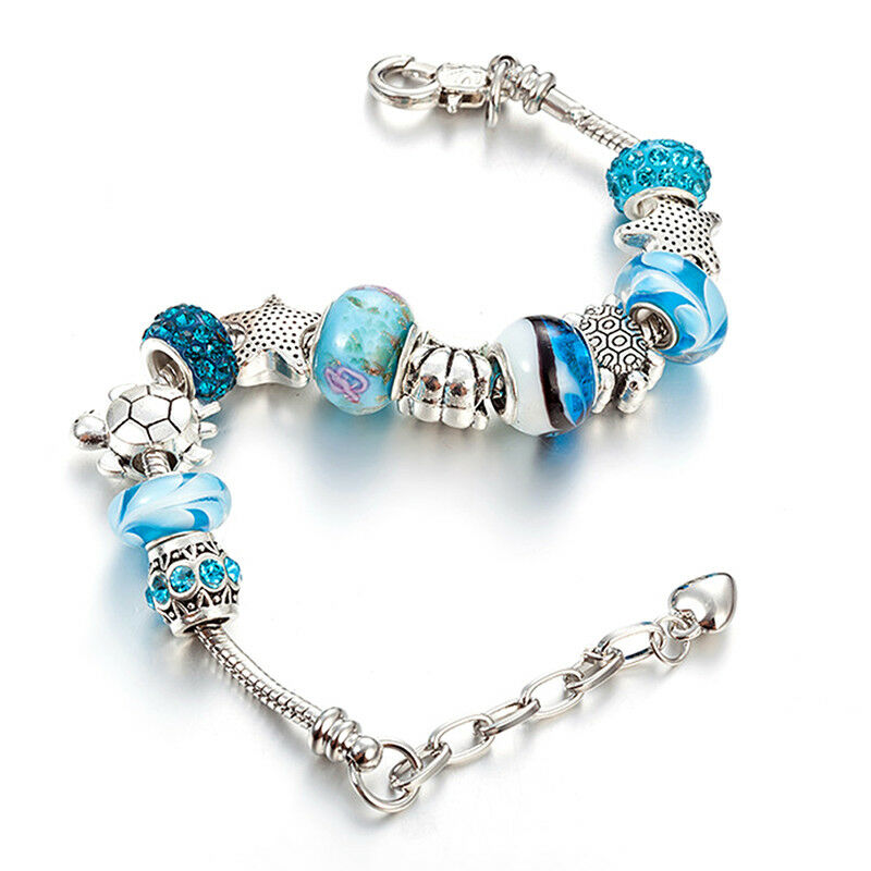 Ocean Shell Blue Crystal Beads Chain Bangle Bracelet Women Girl Charm JewelryBDA