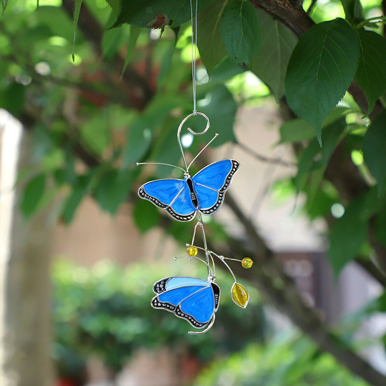 Blue Butterfly Stained Glass Suncatcher Hanging Panel Garden Decoration